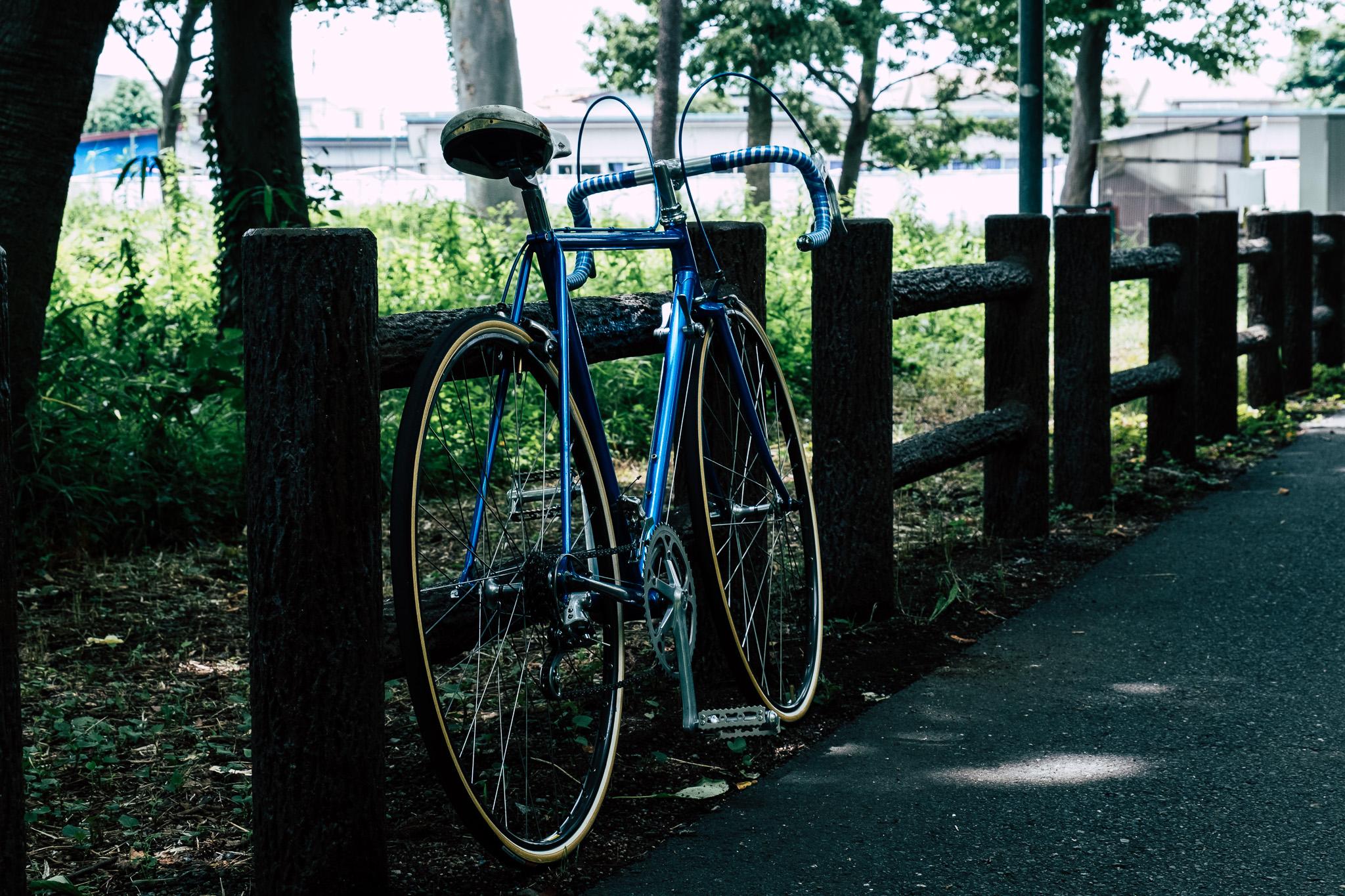 公園の木柵に立てかけたNOICYCLE 001 METALLIC BLUE STRIPESの完成車写真
